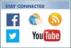 images of RSS Feed, Email, Facebook logo, Twitter logo, and YouTube logo with text header: Stay Connected