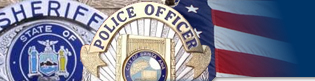 image of law enforcement badges: Sheriff and Police Officer with U.S. Flag background