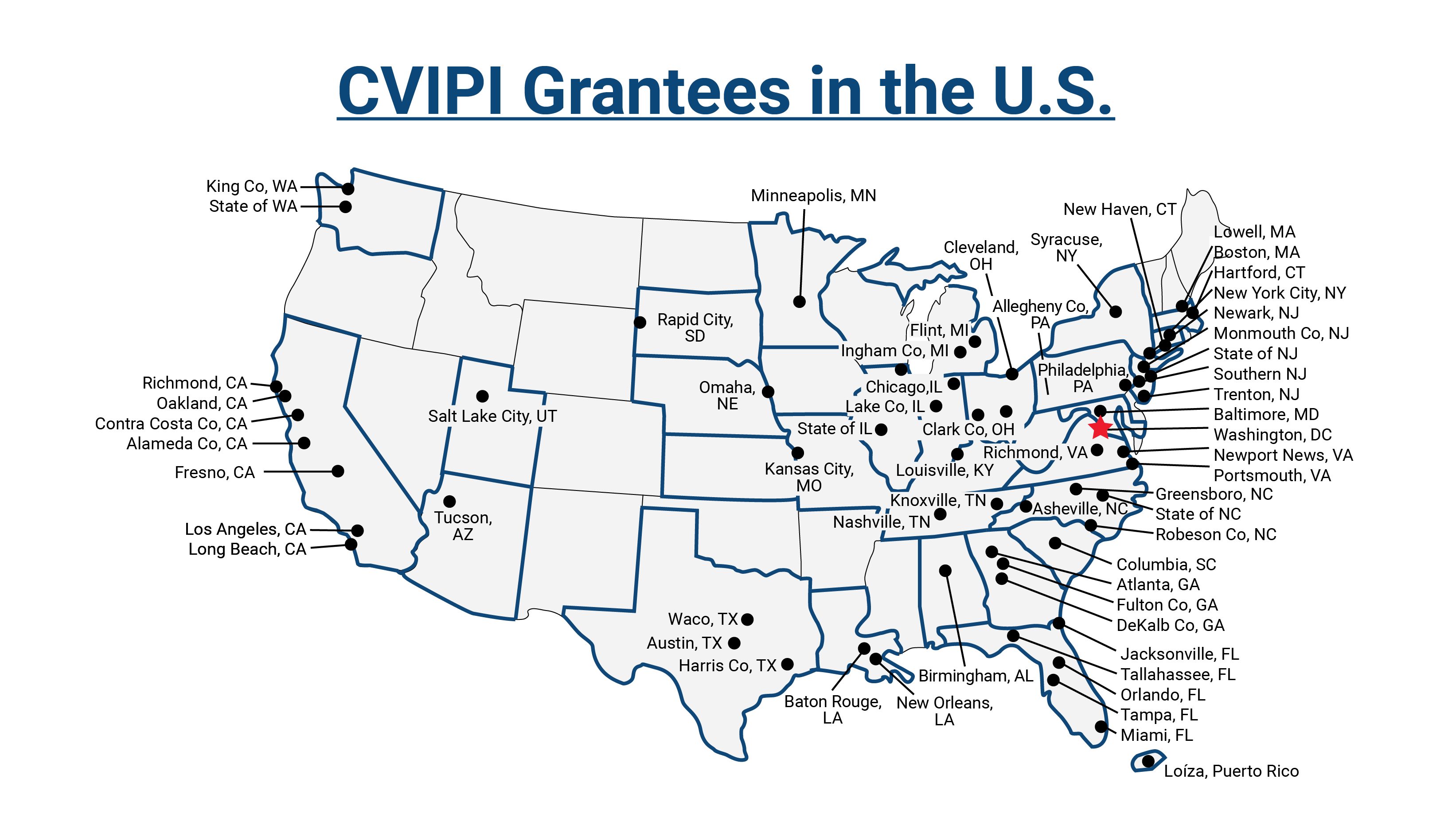 US Map with points plotted locations of to CVIPI Grantees.