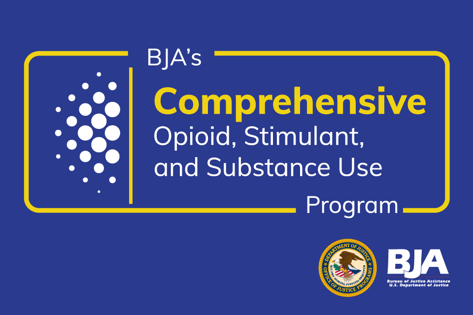Cluster of white circles of varying sizes. Text reads BJA's Comprehensive Opioid, Stimulant, and Substance Use Program (COSSUP). BJA logo in bottom right corner