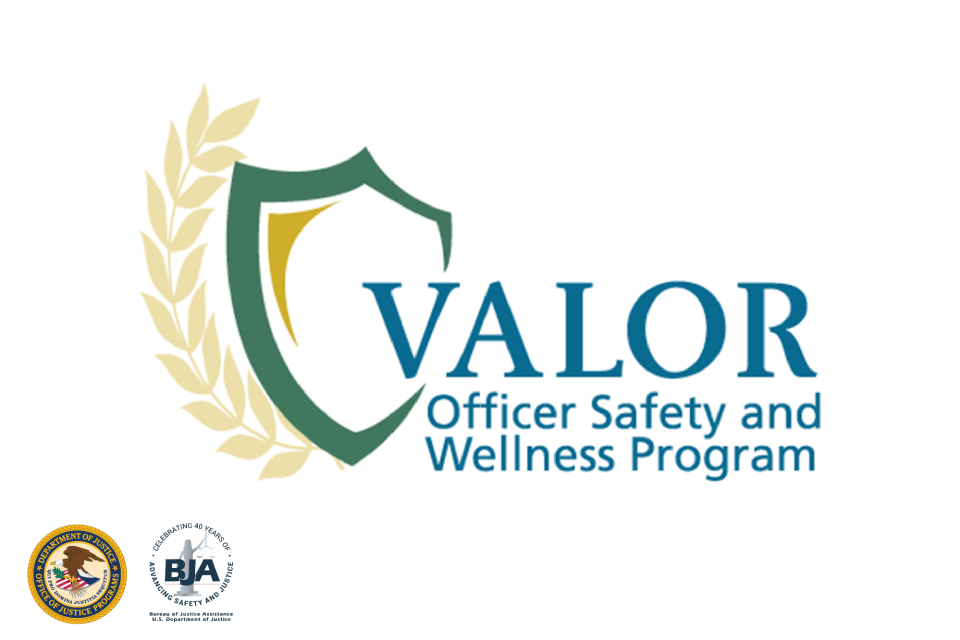 VALOR Officer Safety and Wellness Program Logo Logo for VALOR Officer Safety and Wellness Program featuring a shield icon with wheat stalks, and logo for the Department of Justice and Bureau of Justice Assistance and 40th BJA Anniversary logo