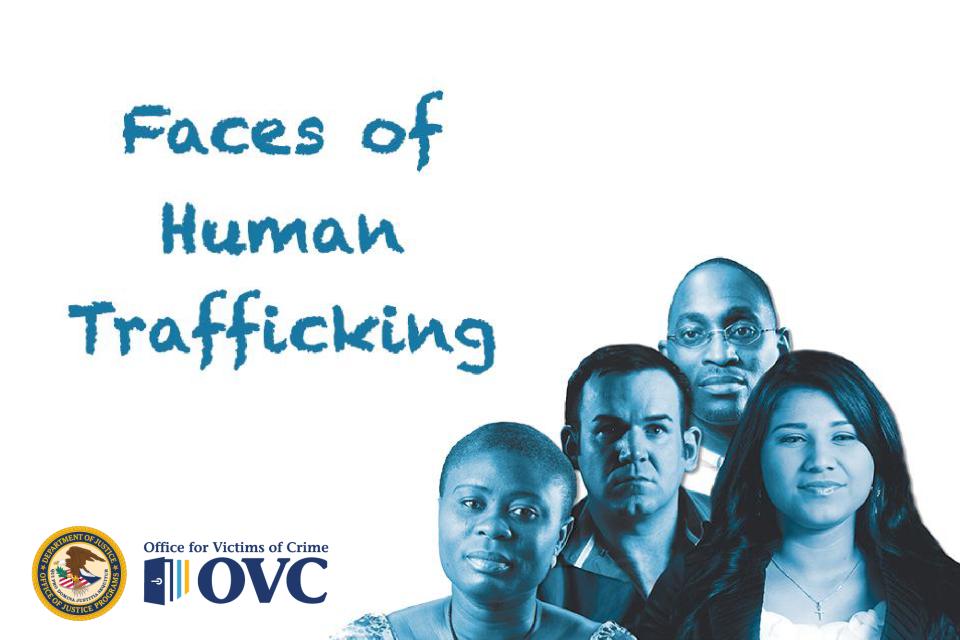 Faces of Human Trafficking Awareness Card titled "Faces of Human Trafficking" showing portraits of four diverse individuals in blue tones. Includes logo for Office for Victims of Crime.