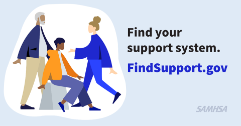  Image with three animated characters and text reading: Find your support system. FindSupport.gov.