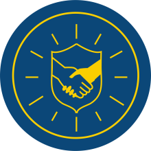 yellow shaking hands on shield with circle of emphasis lines on blue background