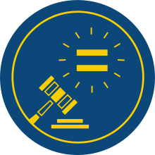 Yellow gavel and equals sign surrounded by emphasis lines on blue background