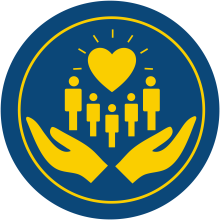 Yellow cupped hands below five stick figures with heart shape and emphasis lines on blue background