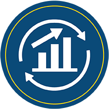 Bar chart indicating growth with arrow pointing up and to the right. two arrows bend into a circle around the chart.